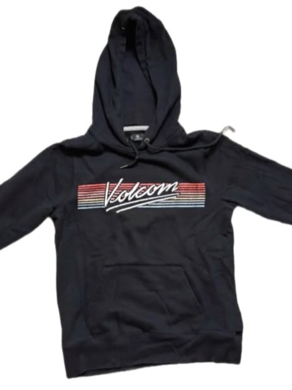 Volcom Black Hoodie Retro Stripe Logo Pullover Sweatshirt Size S